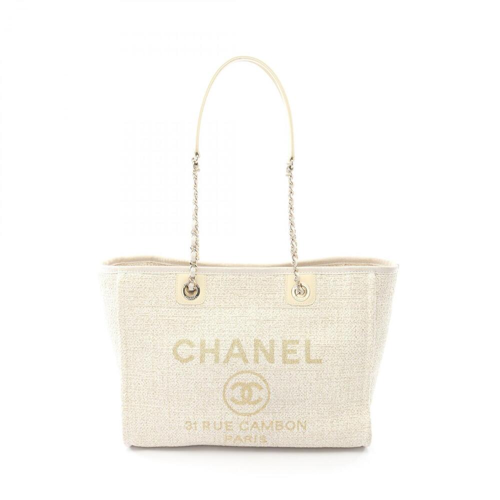 Chanel Deauville Tote Bag Leather Straw Tan White